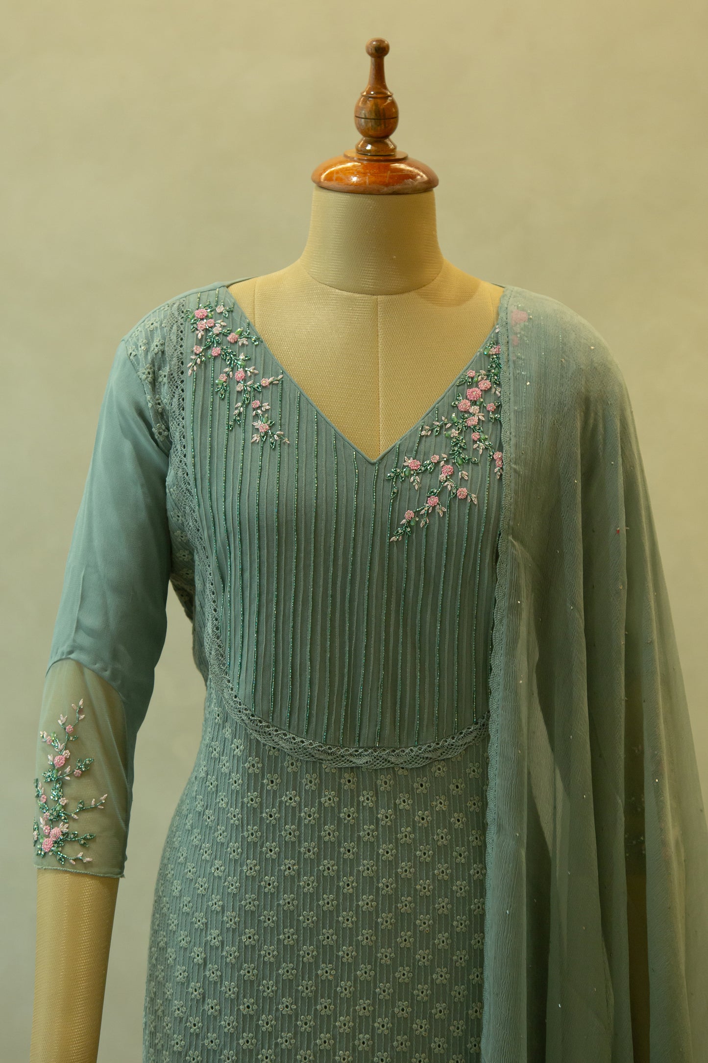 Greyish Blue Hand Embroidered Semi- Stitched Salwar Set