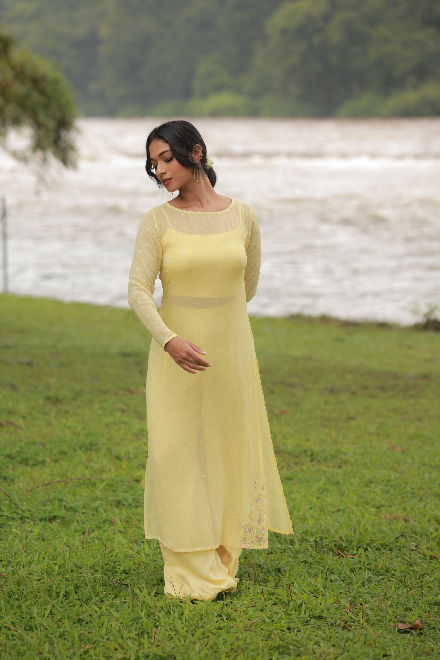 Yellow Georgette Embroidery and Crape Georgette Crop Top & Palazzo