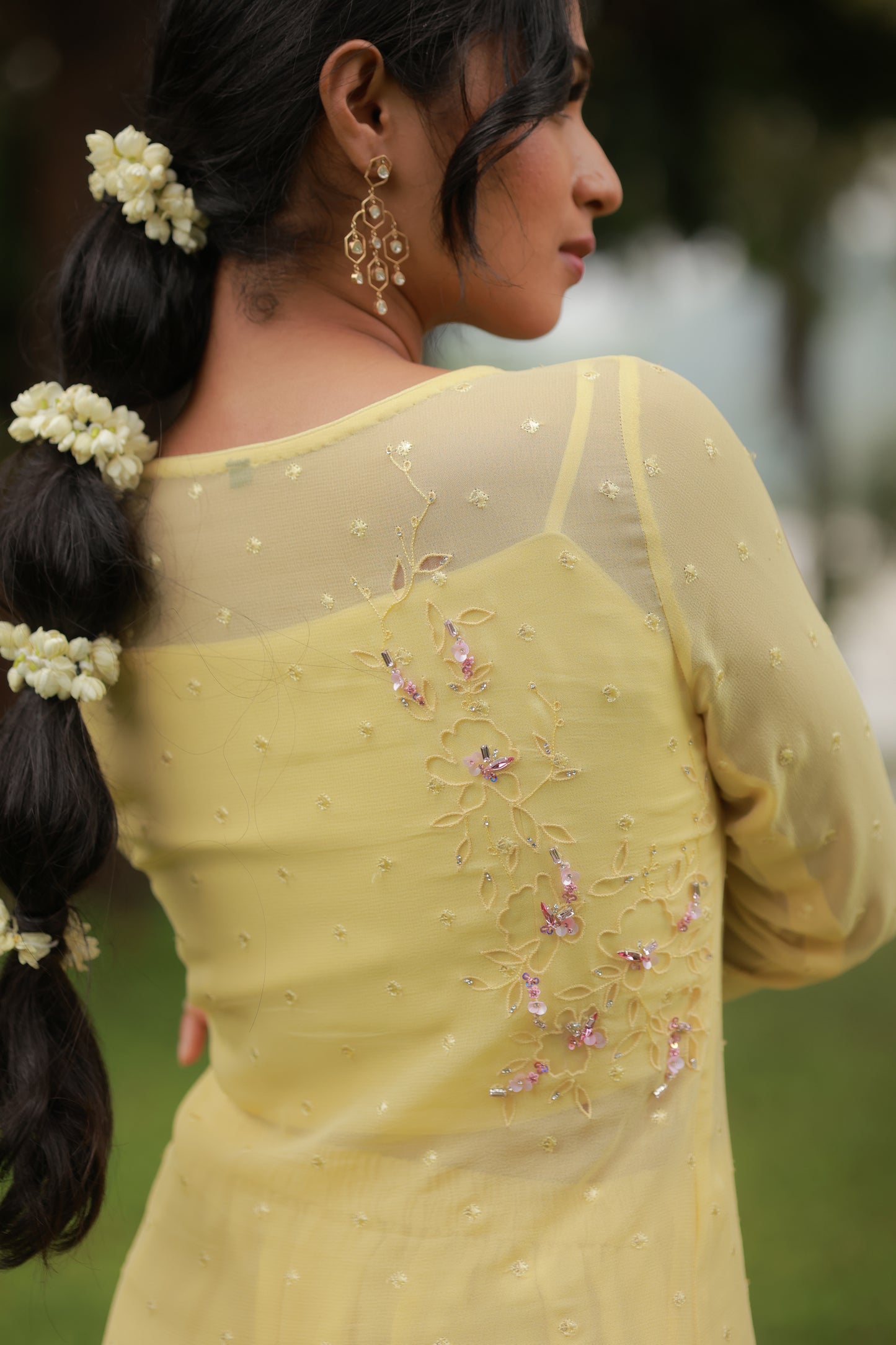 Yellow Georgette Embroidery and Crape Georgette Crop Top & Palazzo