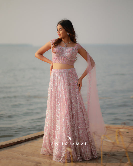 Pink Corset lehenga with fully embellished net lace and floral embroidery