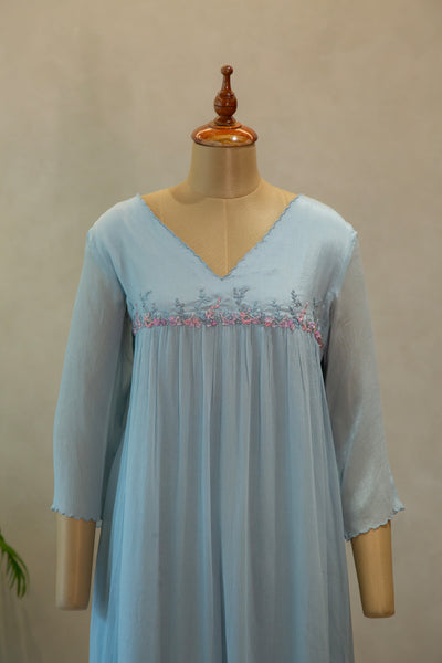 Powder Blue V- Neck Embroidered Frock