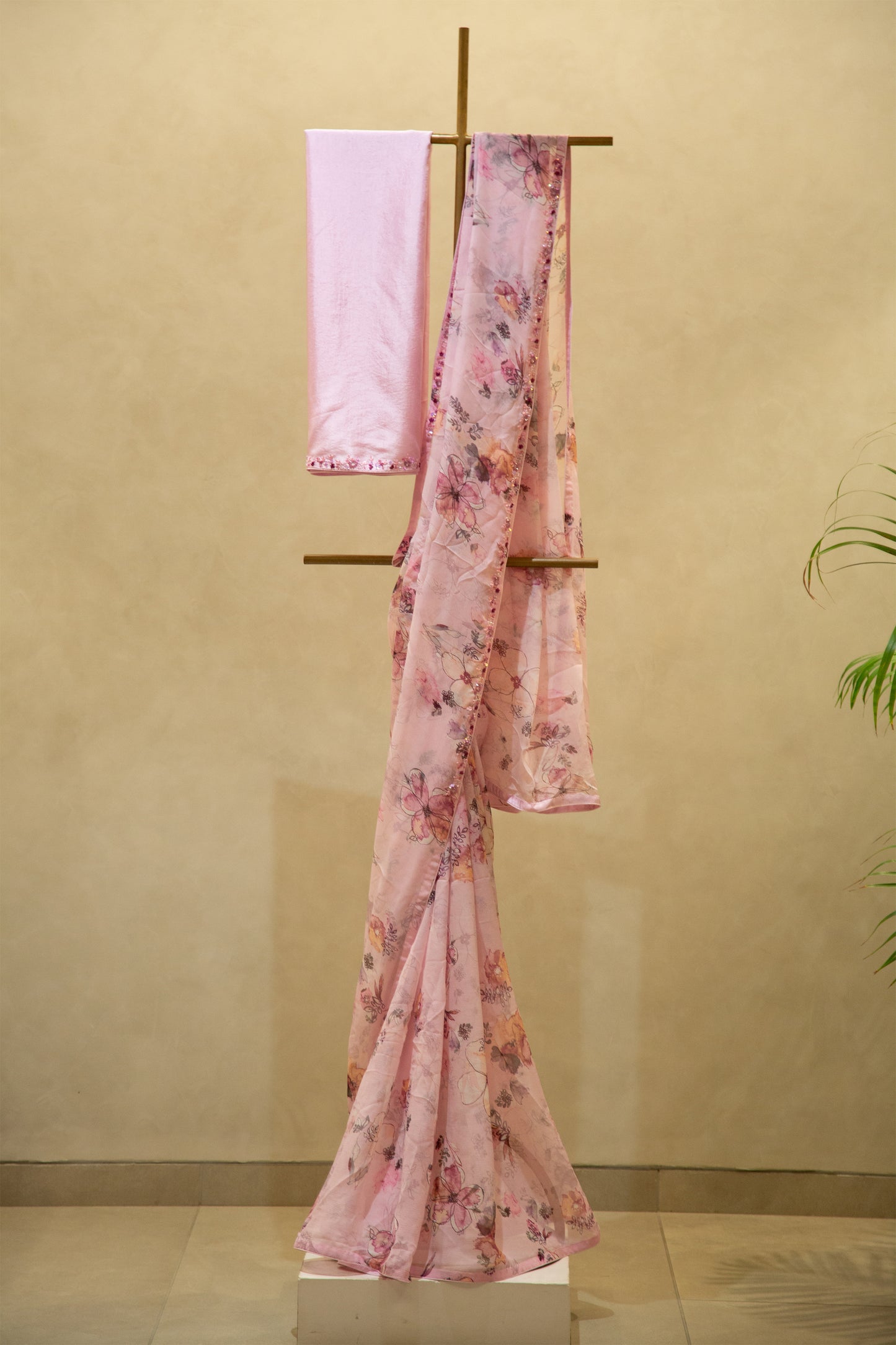 Floral Printed Chiffon Saree With Hand Embroidery