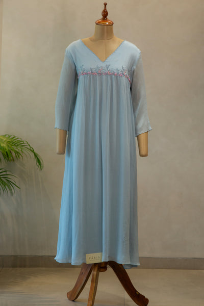 Powder Blue V- Neck Embroidered Frock