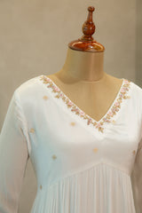 White V-Neck Embroidered Chinnon Kurthi