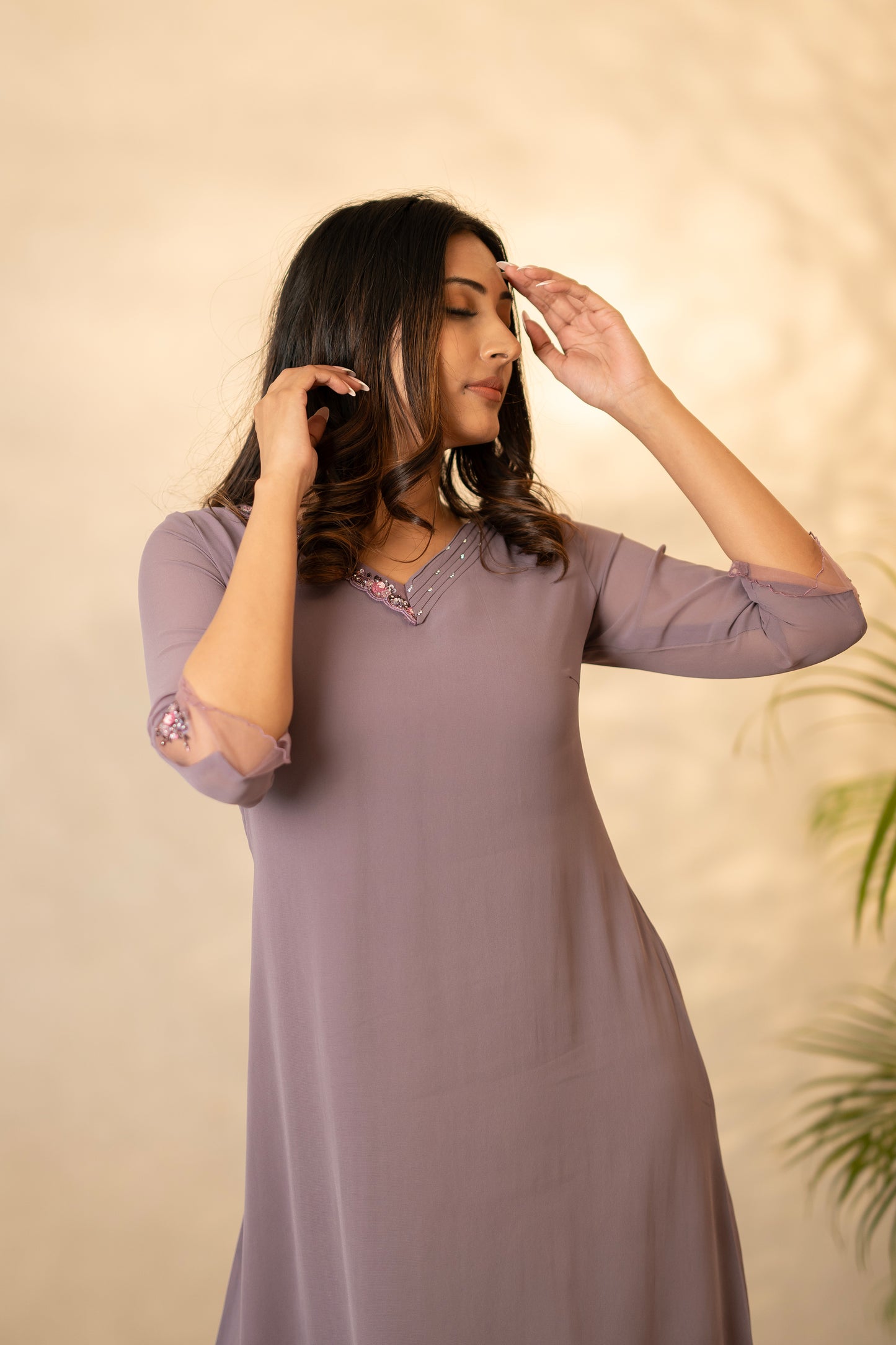 Lavender Geogette Hand Embroidered Kurti