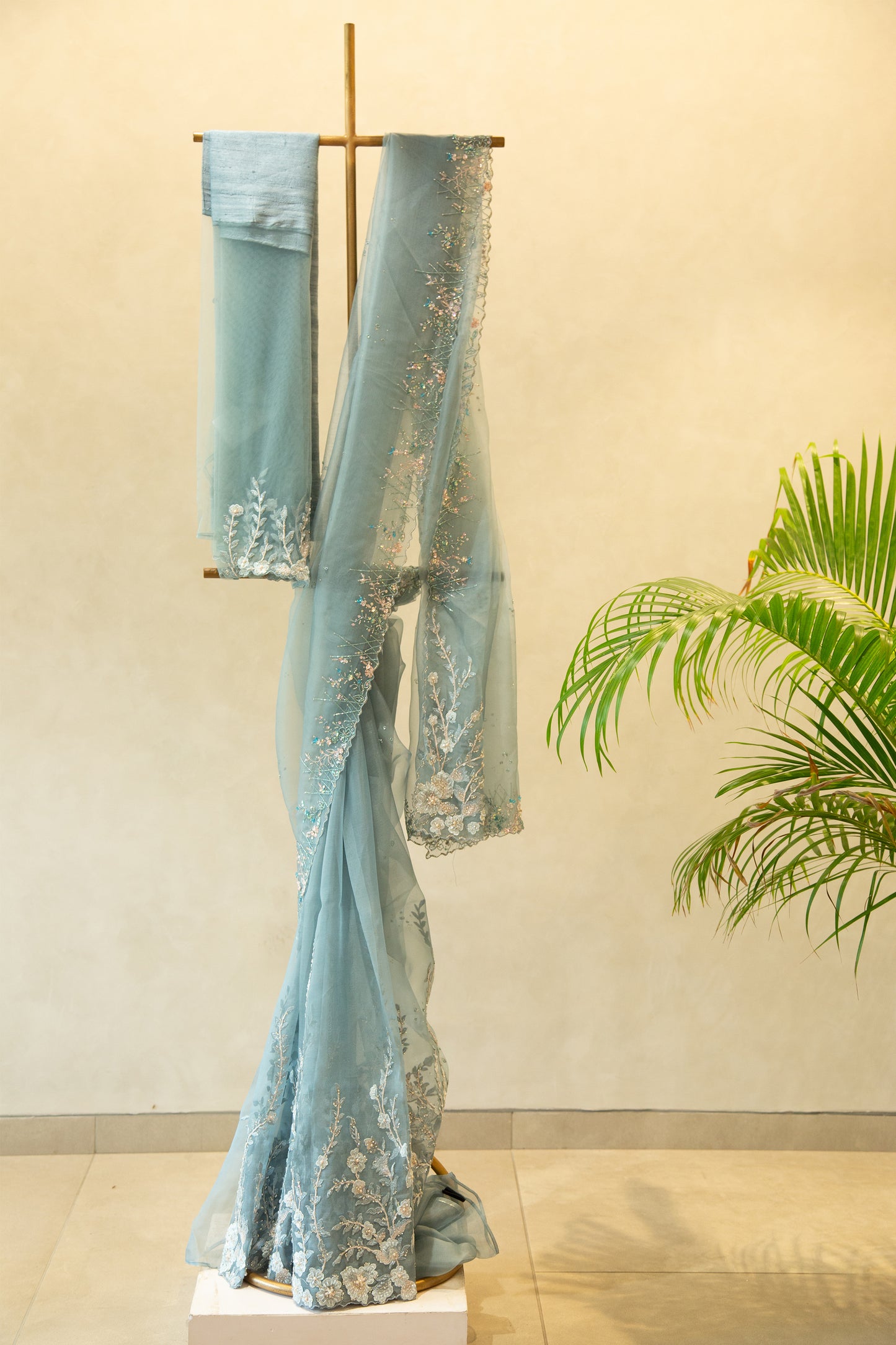 Greyish blue organza saree