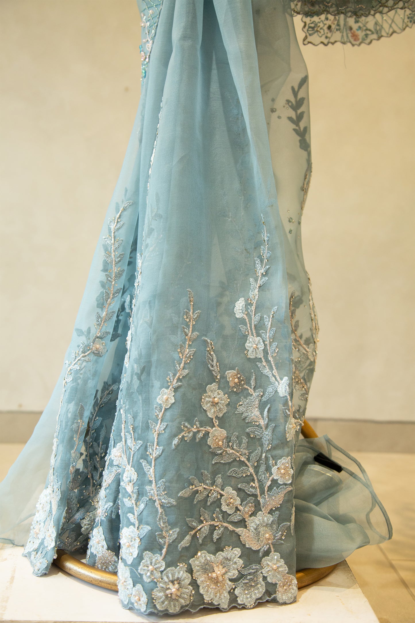 Greyish blue organza saree