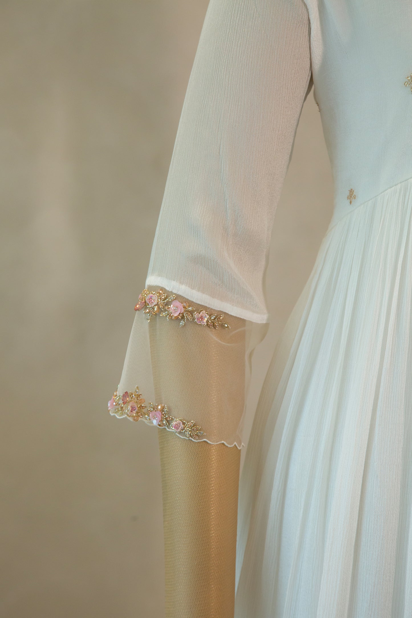 White V-Neck Embroidered Chinnon Kurthi