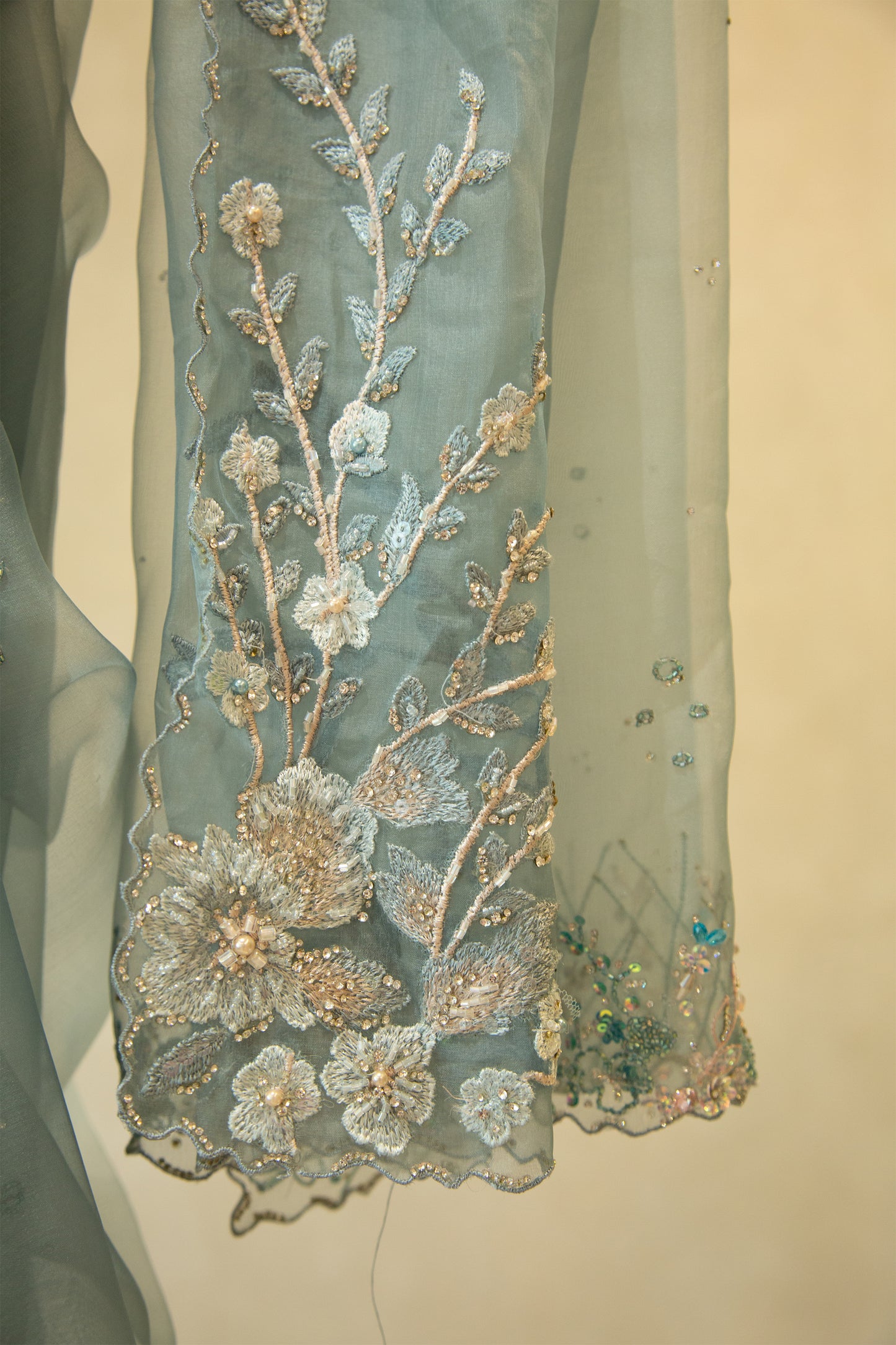 Greyish blue organza saree