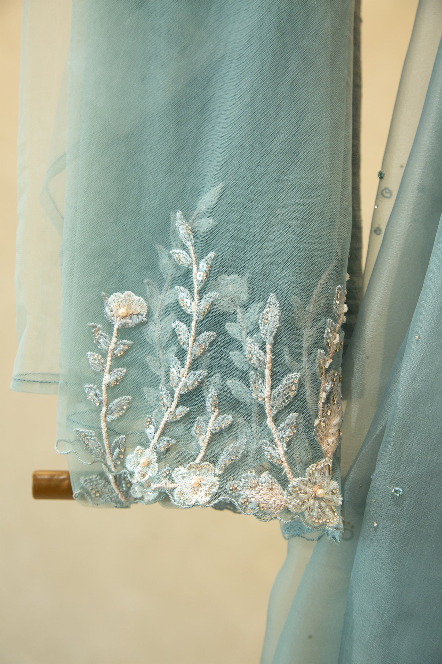 Greyish blue organza saree