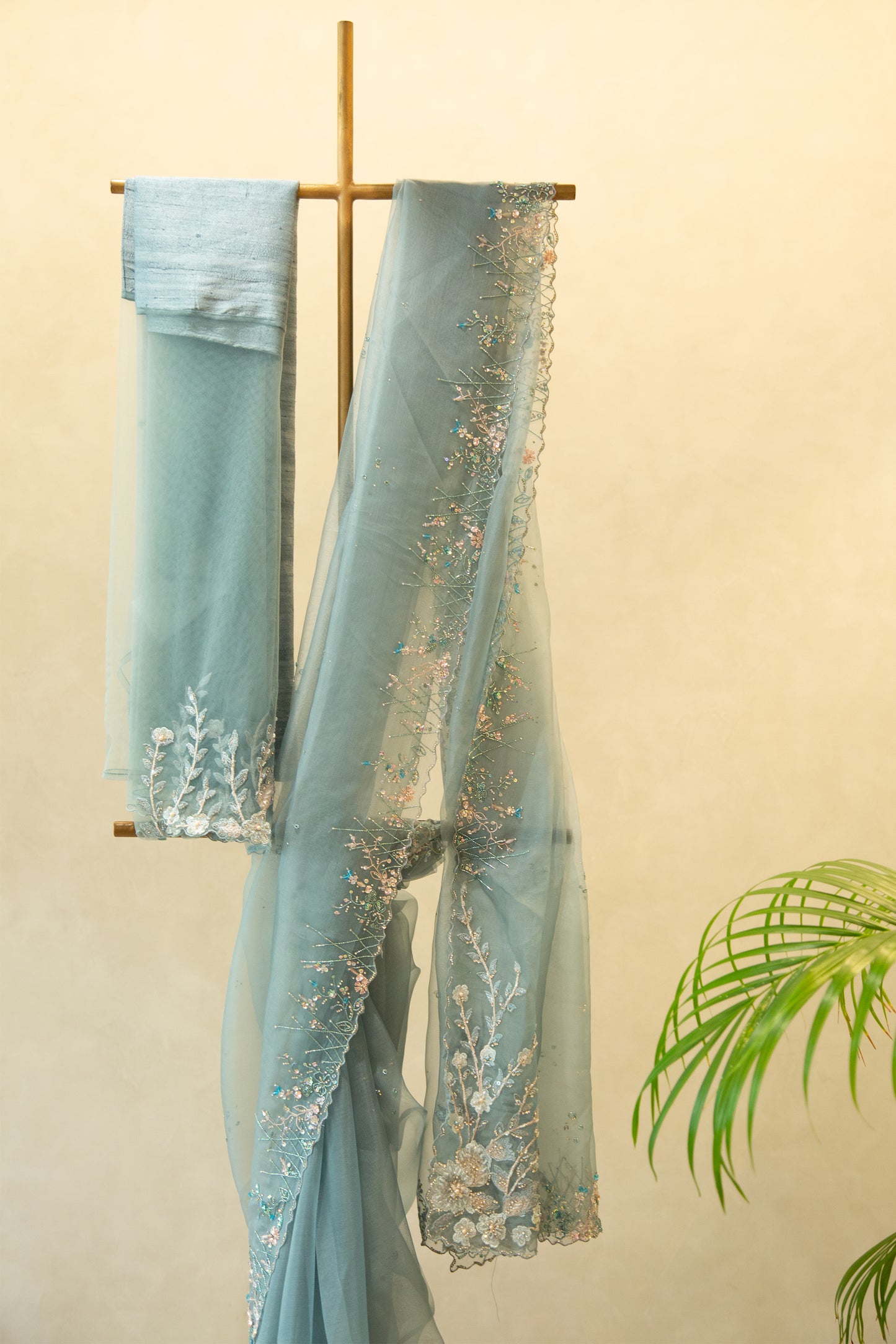 Greyish blue organza saree