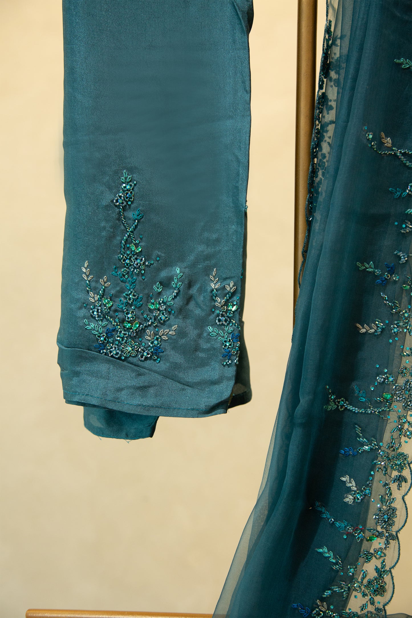 Teal green organza saree