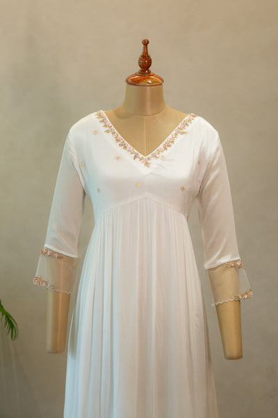 White V-Neck Embroidered Chinnon Kurthi