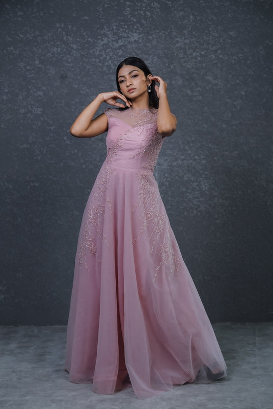 Paris pink gown hand-embroidered gown