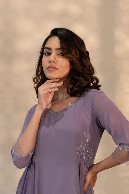 Lavender Square V- Neck Embroidery Kurti.