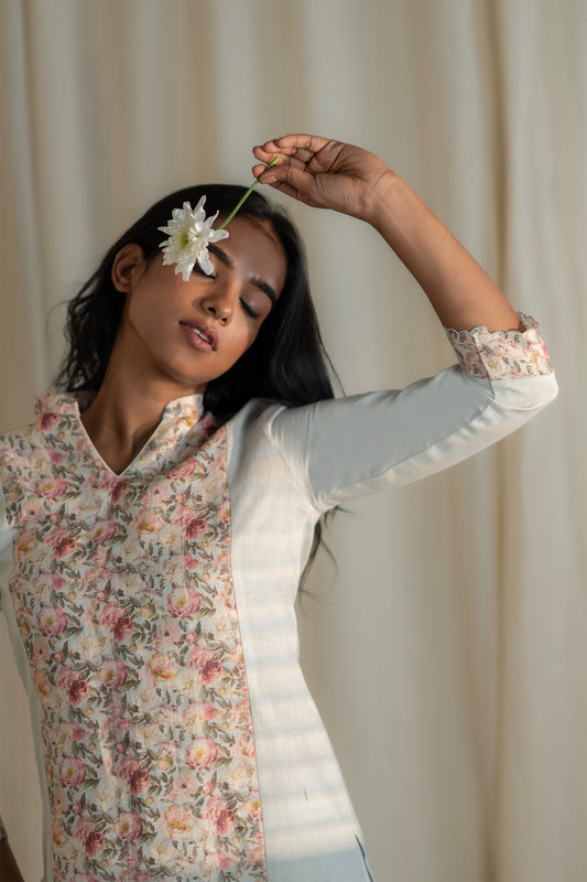 Pale Green Printed Linen Kurti