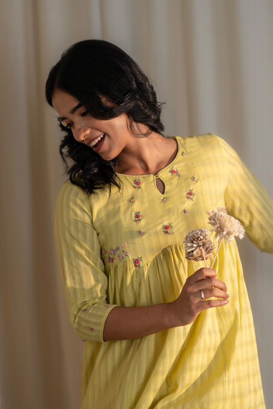 Embroidered Yellow Handloom Kurti