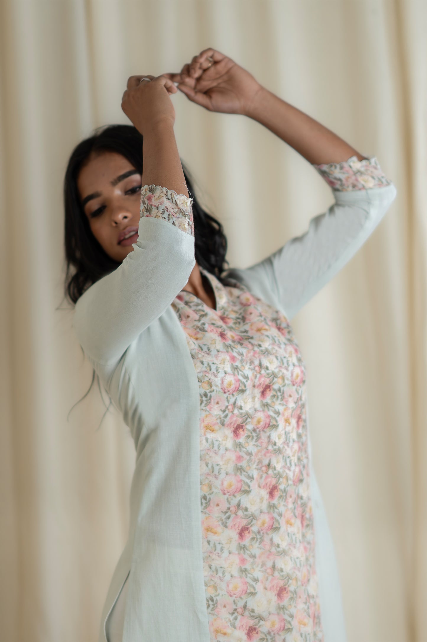 Pale Green Printed Linen Kurti