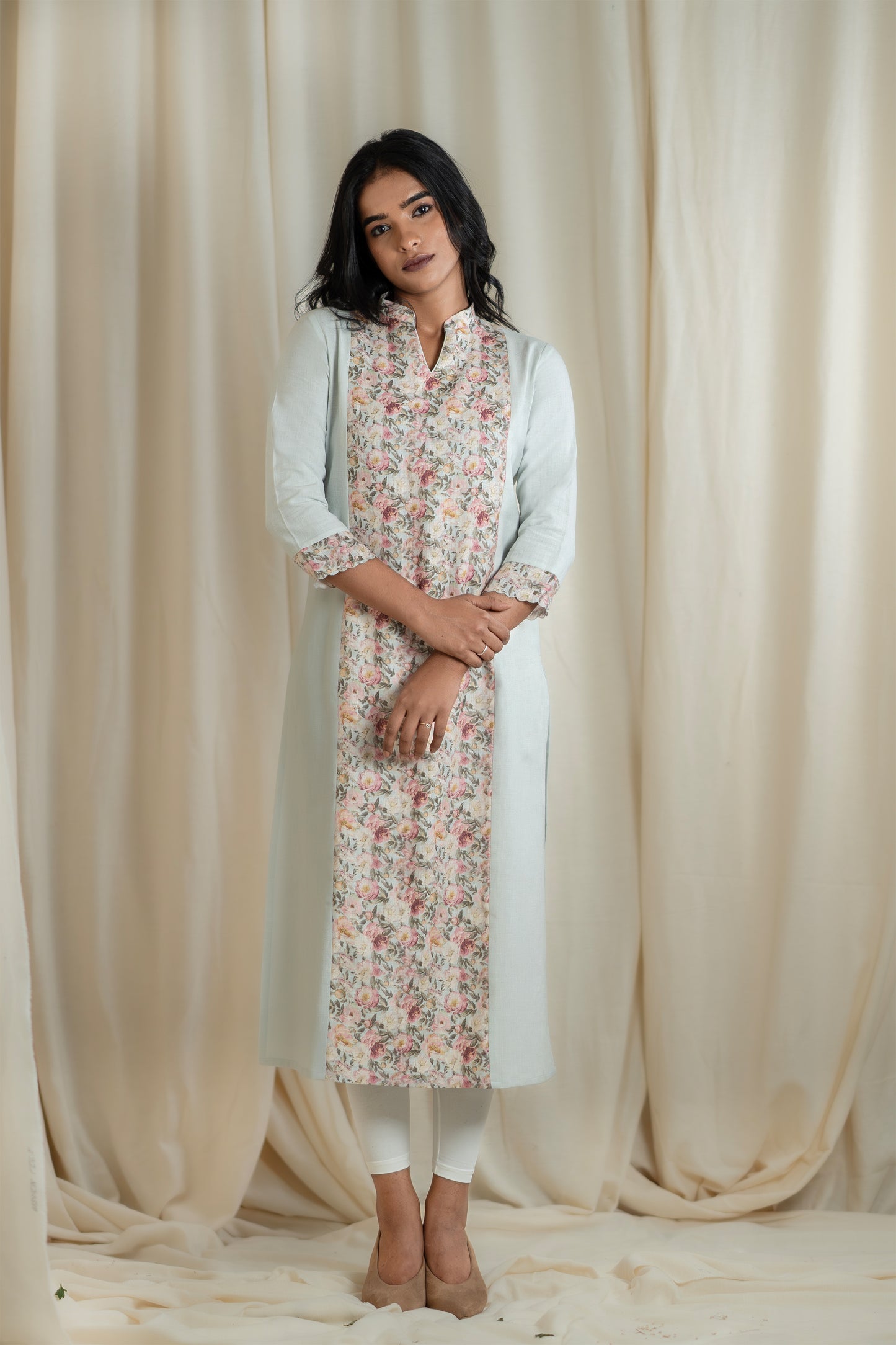 Pale Green Printed Linen Kurti