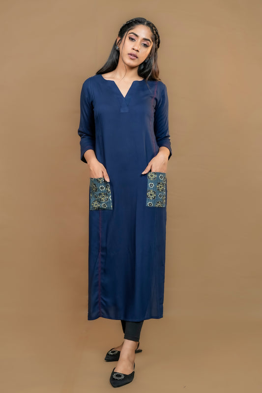 PARIS BLUE AJRAKH POCKET KURTI